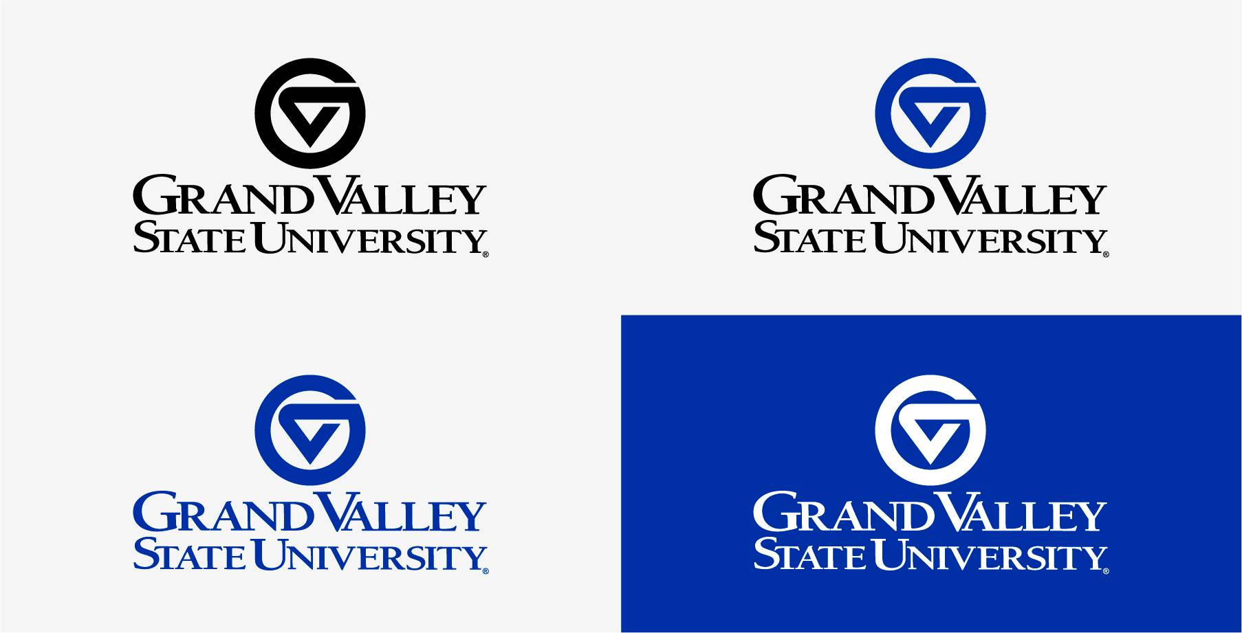 4 Grand Valley logos: one black, one blue, one black and blue, and one white.